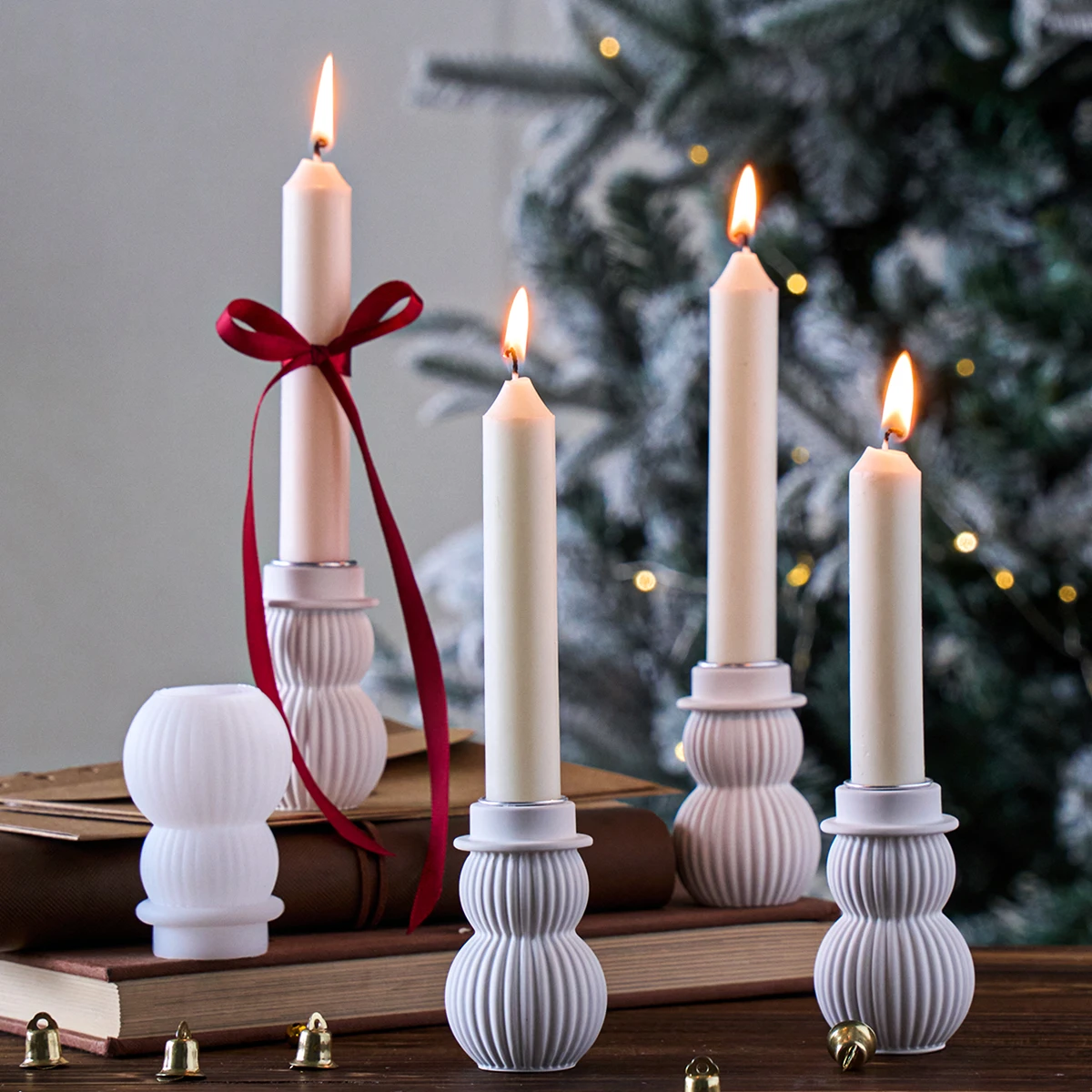 Christmas Snowman Candlestick Silicone Mold DIY 3D Stripe Concrete Candle Holder Long Wax Base Craft Gift Mold Xmas Party Decor