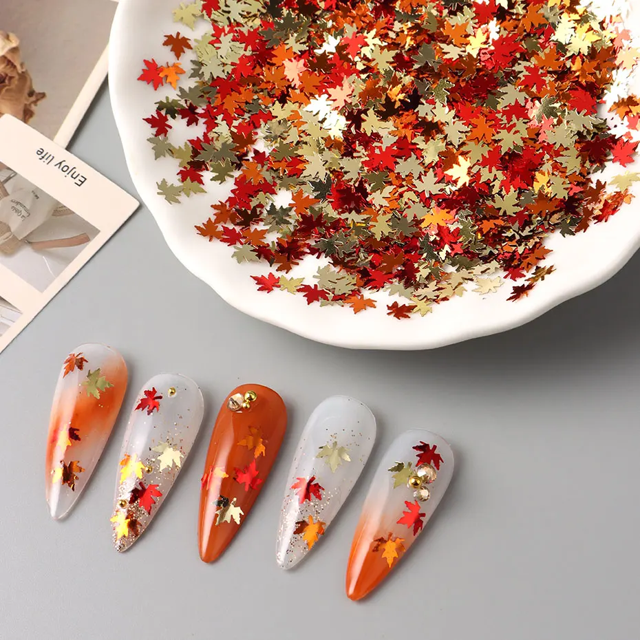 1Pack Mixed Colored Maple Leaf Nail Art Sequin Shimmer Pumpkin Orange Red Leaves Resin Flakes Charm Autumn Christmas Nail Decor
