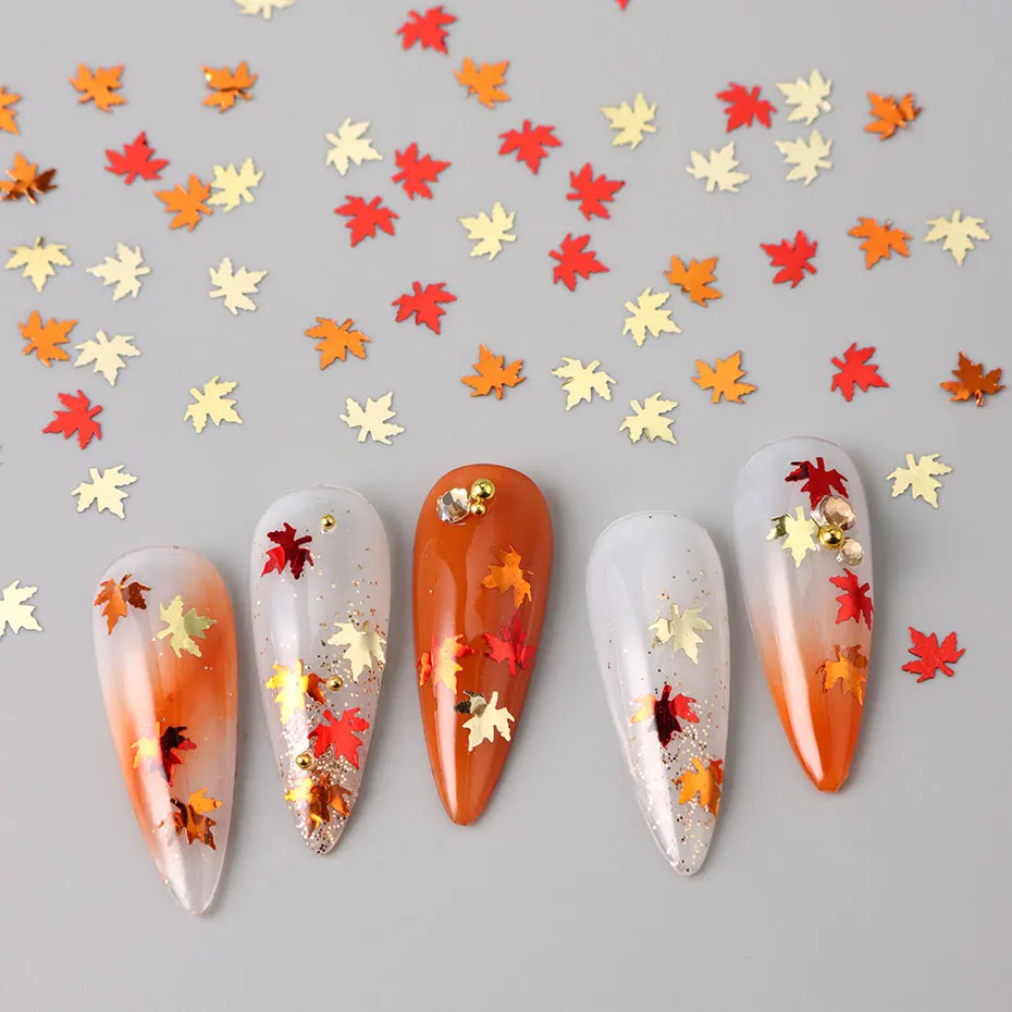 1Pack Mixed Colored Maple Leaf Nail Art Sequin Shimmer Pumpkin Orange Red Leaves Resin Flakes Charm Autumn Christmas Nail Decor