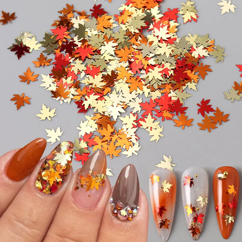 1Pack Mixed Colored Maple Leaf Nail Art Sequin Shimmer Pumpkin Orange Red Leaves Resin Flakes Charm Autumn Christmas Nail Decor