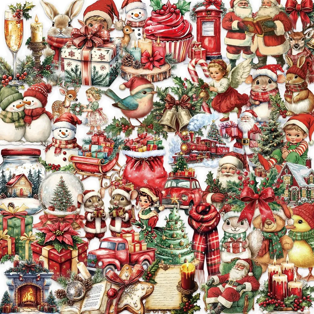 50 Pieces Transparent Cartoon Retro Christmas Sticker Pack - Waterproof Clear PET Decals for Journal, Guitar Notebook Decoration