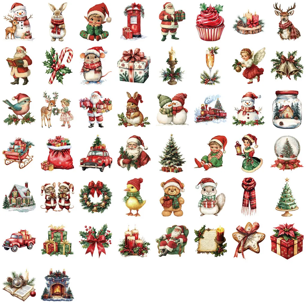 50 Pieces Transparent Cartoon Retro Christmas Sticker Pack - Waterproof Clear PET Decals for Journal, Guitar Notebook Decoration