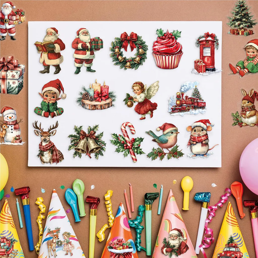 50 Pieces Transparent Cartoon Retro Christmas Sticker Pack - Waterproof Clear PET Decals for Journal, Guitar Notebook Decoration