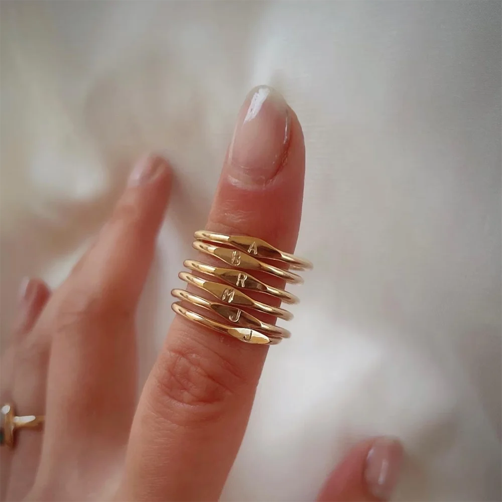 Fashion Initial Signet Ring 7 Size Gold Color Dainty Rings Women Stainless Steel Letters Wedding Christmas Jewelry Accessories