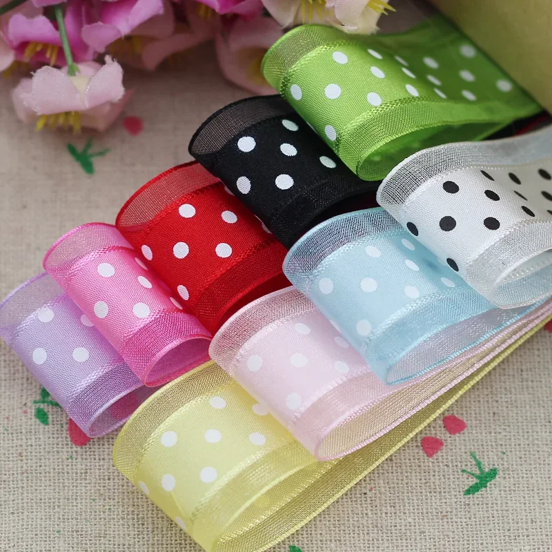 1''25mm 1meter Bilateral Organza Printing Polka Dots Ribbon Handmade Hair Bow Party Christmas Wedding Decor DIY Sewing Fabric