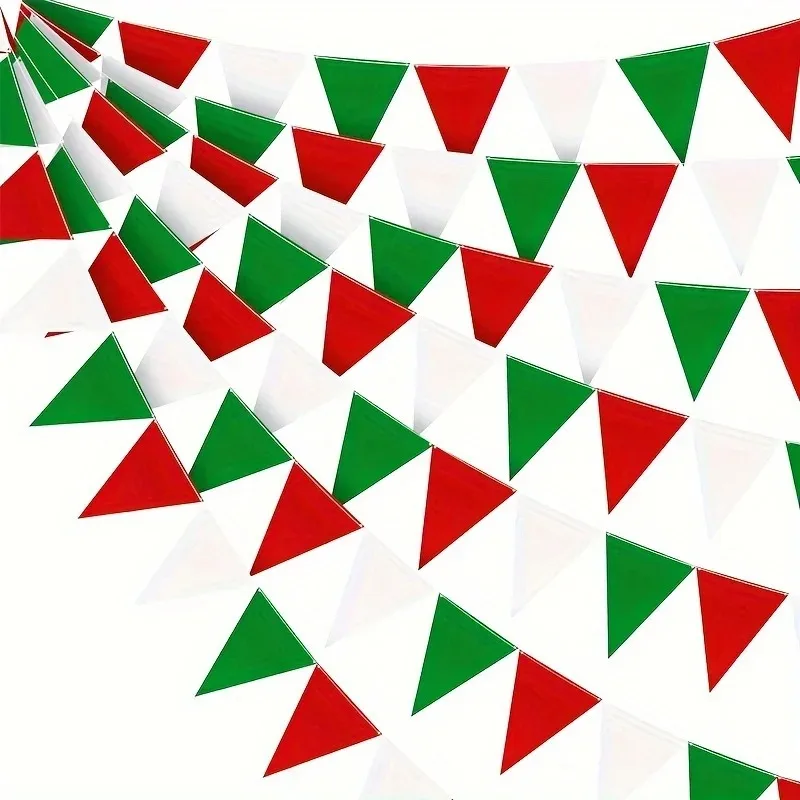 Red White Green Party Bunting 33ft | Plastic Flags for Christmas Mexican Fiesta | Bulk Stadium Wedding Store Decor