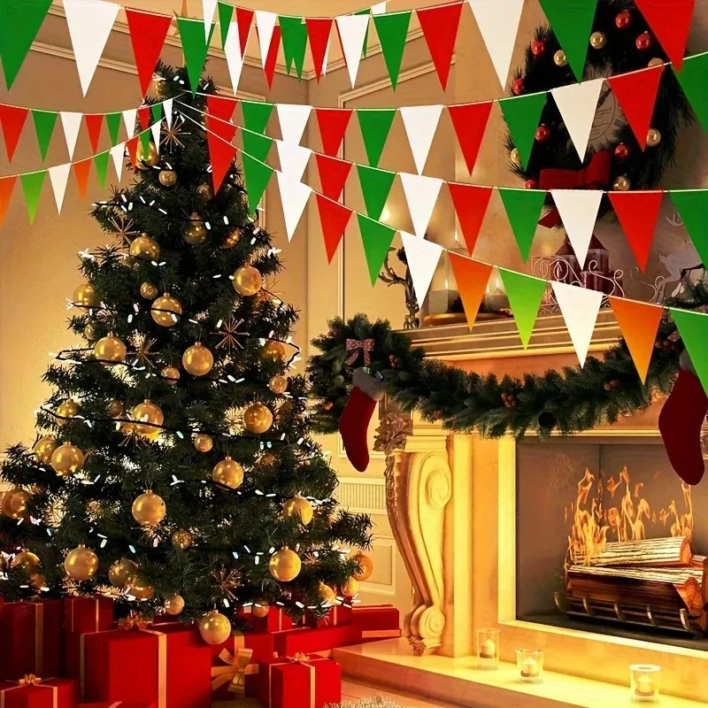 Red White Green Party Bunting 33ft | Plastic Flags for Christmas Mexican Fiesta | Bulk Stadium Wedding Store Decor
