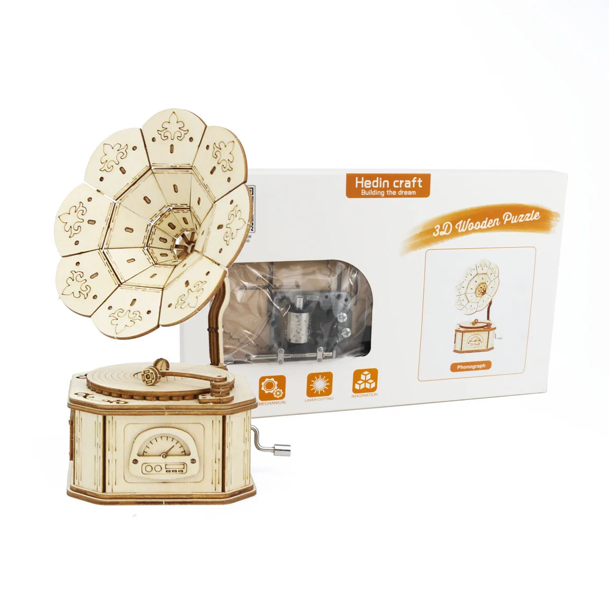 3D Wooden Gramophone Music Box Puzzles Kits for Teen Adults Construction Models Set Toys DIY Assembling Machnical Christmas Gift