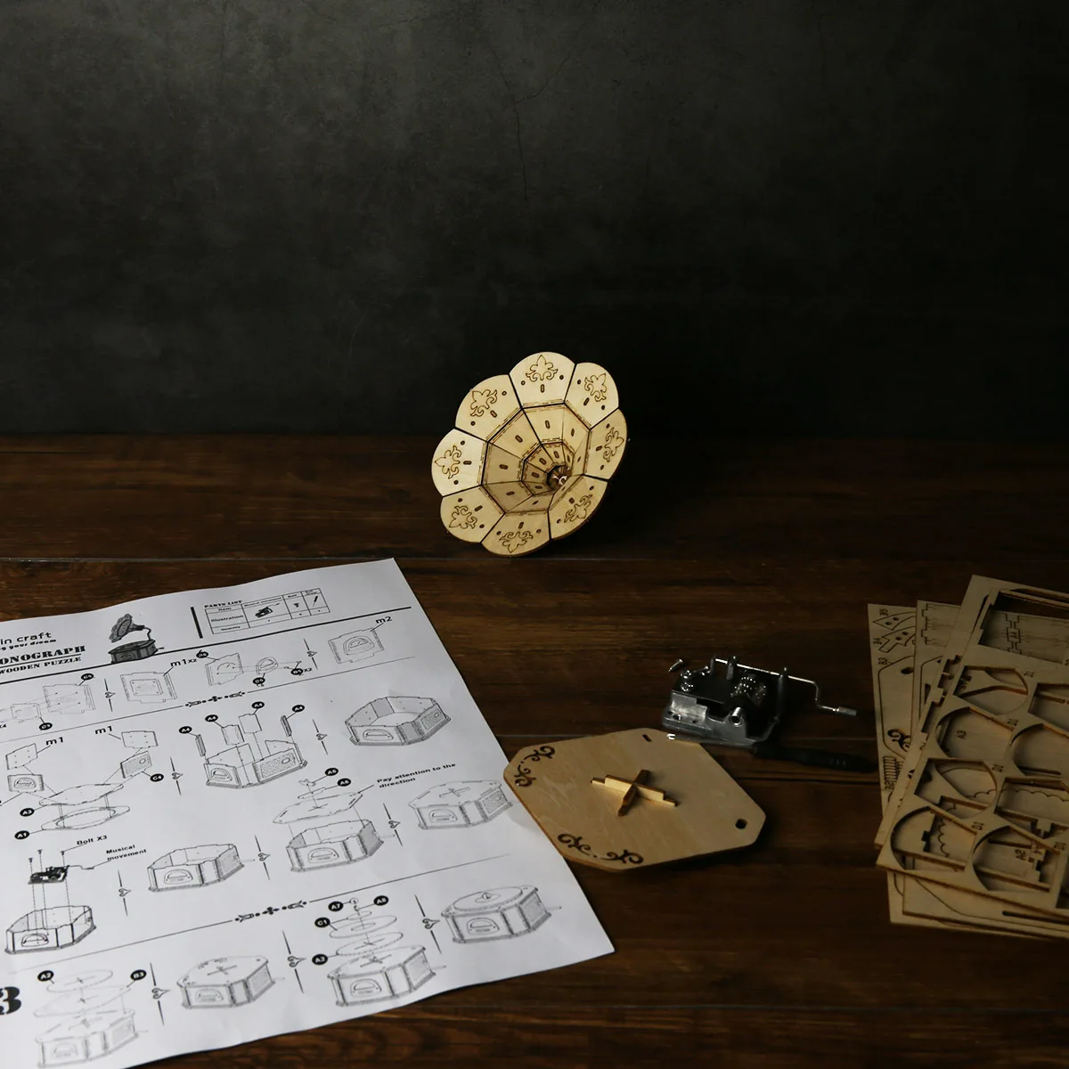 3D Wooden Gramophone Music Box Puzzles Kits for Teen Adults Construction Models Set Toys DIY Assembling Machnical Christmas Gift