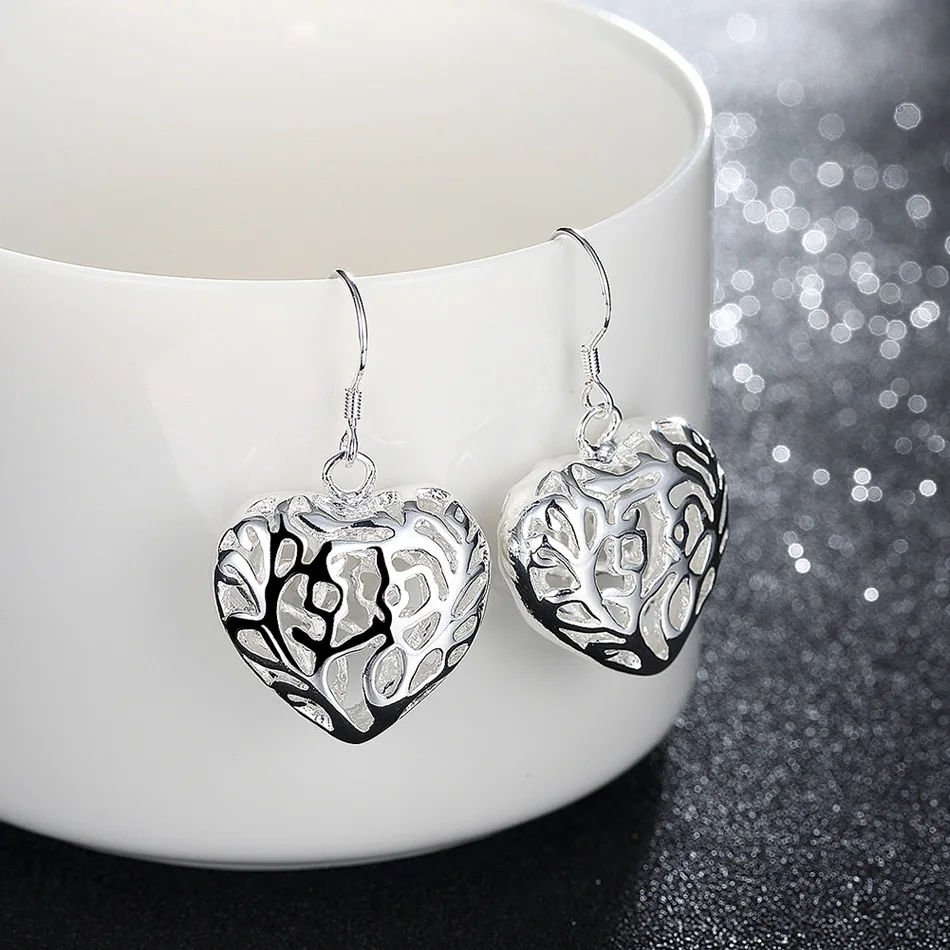 Hot charm 925 sterling Silver necklace earrings Jewelry set for women heart Hollow Fashion Party Christmas Gifts high quality