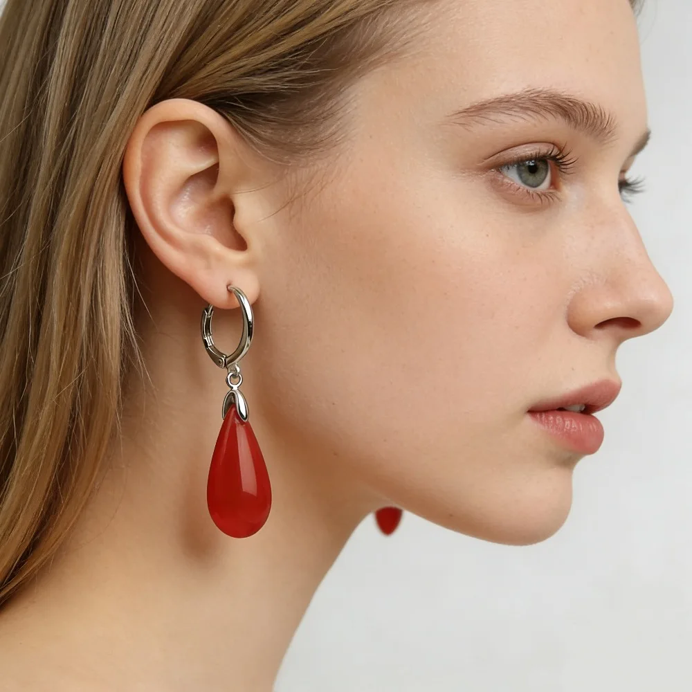Green water droplet pendant earrings, crystal clear ice red water droplet design, vintage long women's earrings, Christmas gift.