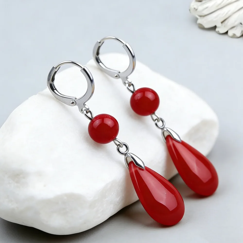 Green water droplet pendant earrings, crystal clear ice red water droplet design, vintage long women's earrings, Christmas gift.