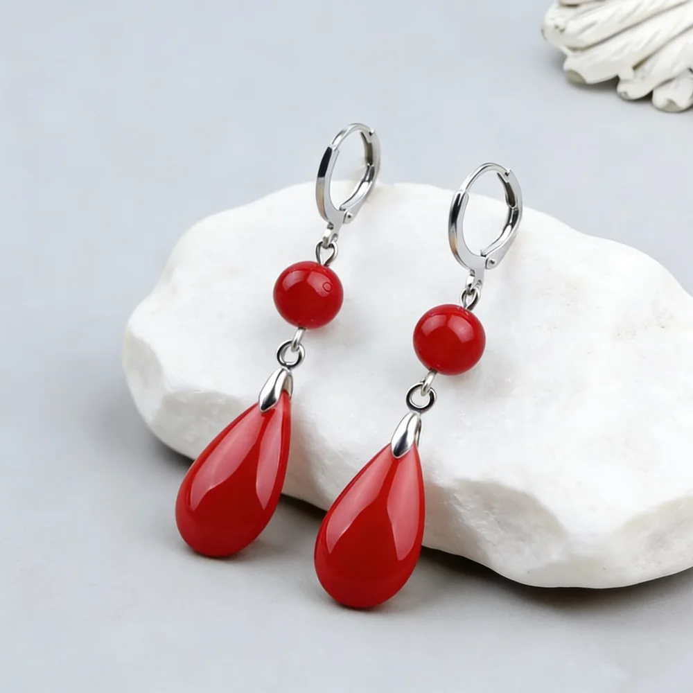 Green water droplet pendant earrings, crystal clear ice red water droplet design, vintage long women's earrings, Christmas gift.