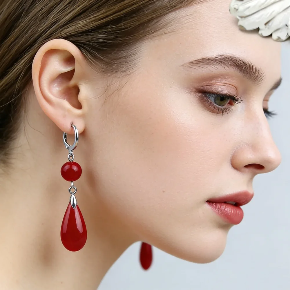 Green water droplet pendant earrings, crystal clear ice red water droplet design, vintage long women's earrings, Christmas gift.