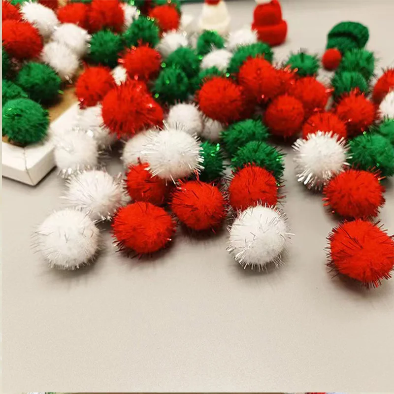 10/20/30 MM Glitter Pompom Fluffy Plush Christmas Decoration Gold Wire Flash Plush Ball Handmade Children's DIY Materials 100PCS