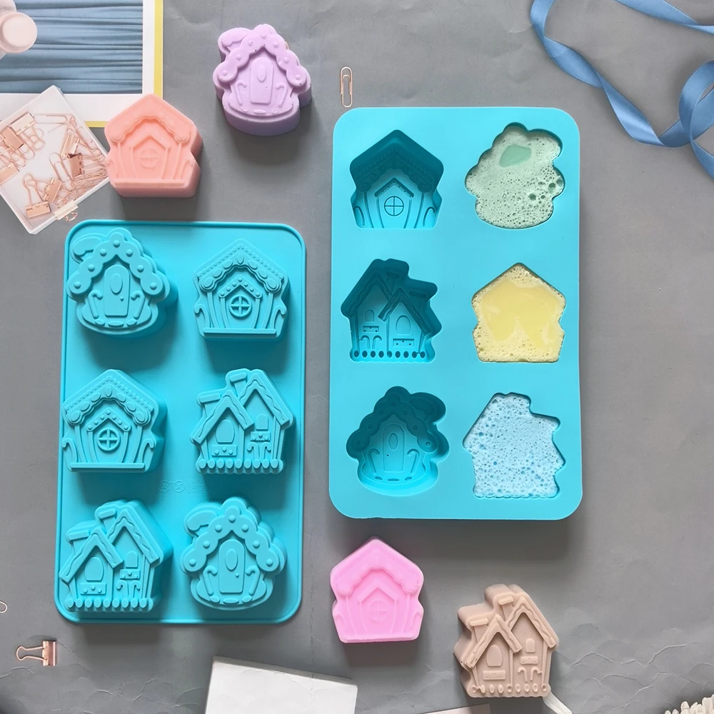 6-cavity Christmas house shaped soap candle silicone mold, suitable for handmade DIY wax molds for aromatherapy soap