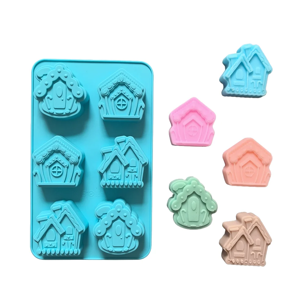 6-cavity Christmas house shaped soap candle silicone mold, suitable for handmade DIY wax molds for aromatherapy soap