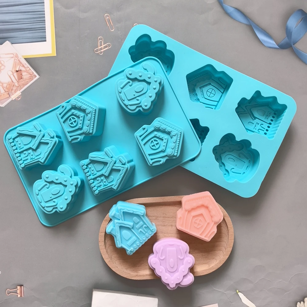 6-cavity Christmas house shaped soap candle silicone mold, suitable for handmade DIY wax molds for aromatherapy soap