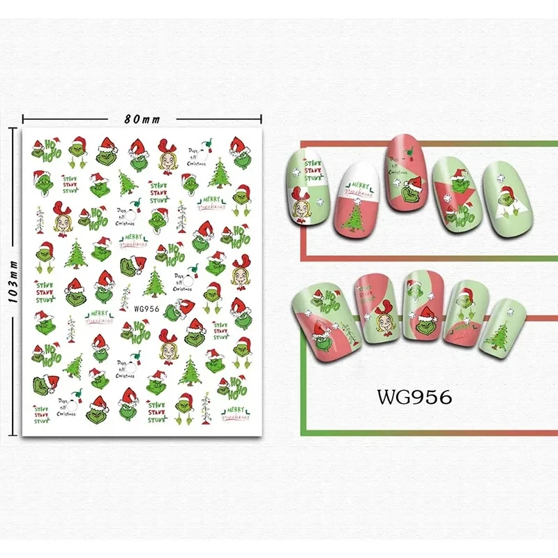 1PCS 3D Green Christmas Cartoon Adhesive Nail Art Sticker Cartoon Character Nail Decal For Nails Art Decoration Manicure