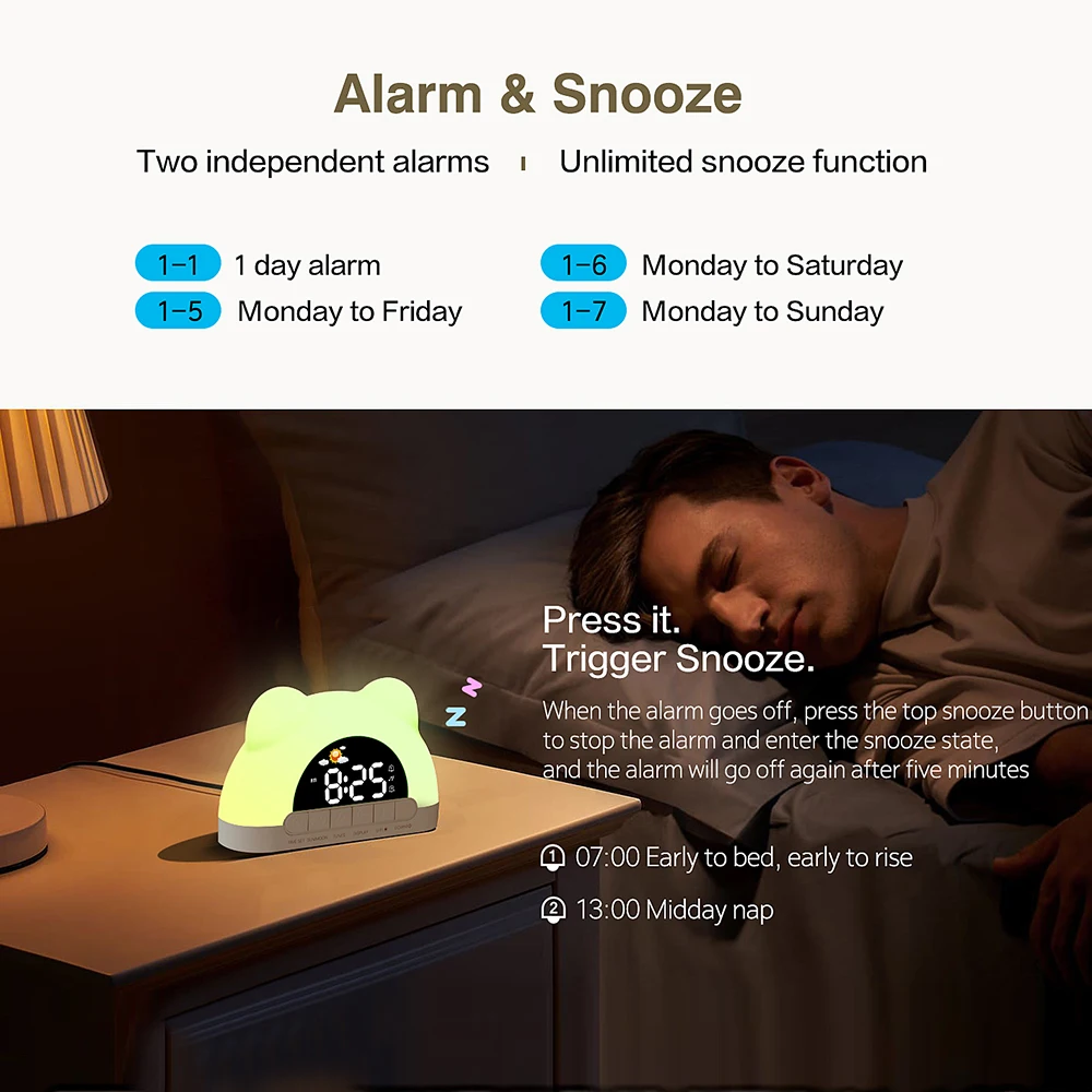 Digital Clock Wake Up Light Sunrise Alarm Clock Colorful Night Light Cute Bear Shaped Ideal for Bedroom Decor Christmas Niditon