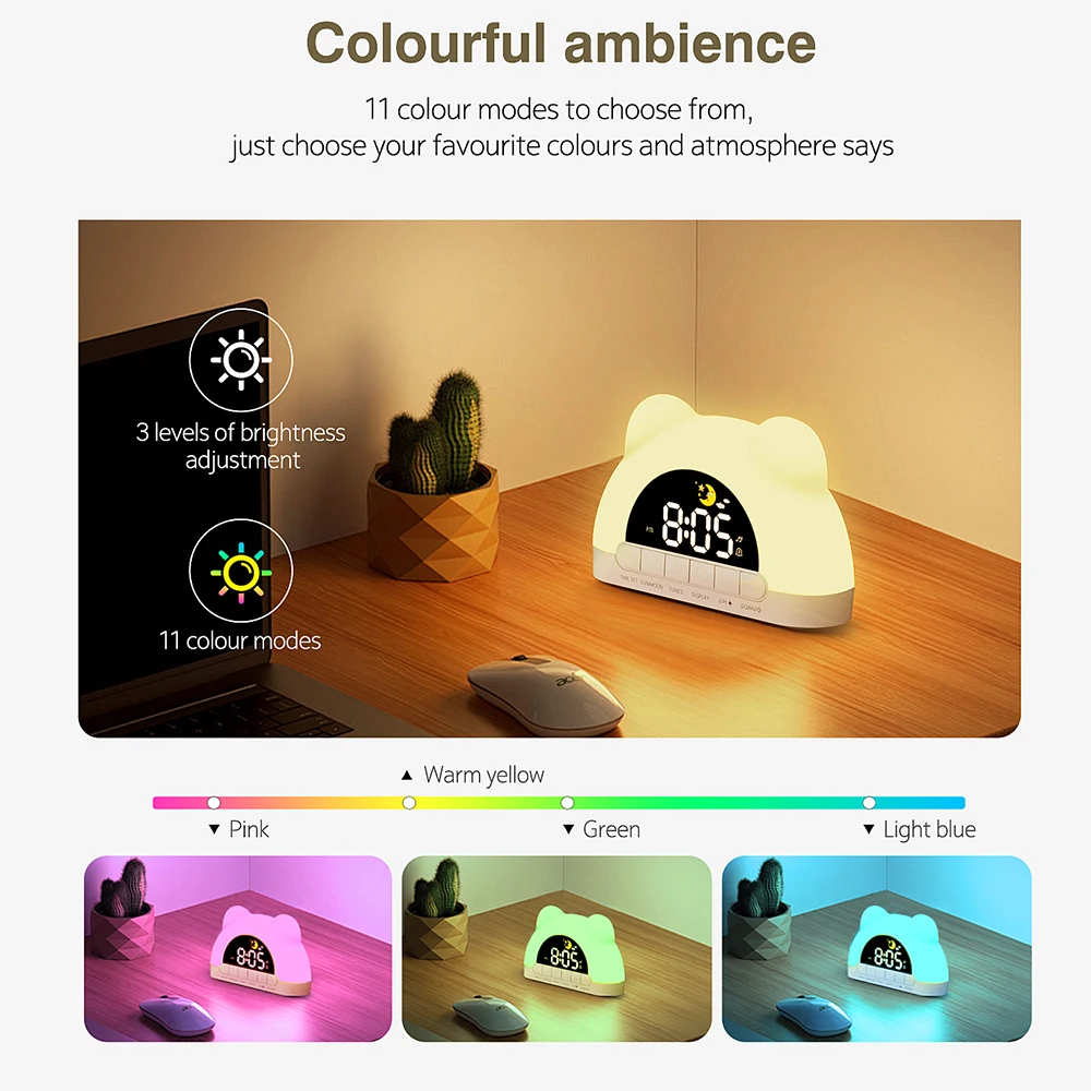 Digital Clock Wake Up Light Sunrise Alarm Clock Colorful Night Light Cute Bear Shaped Ideal for Bedroom Decor Christmas Niditon