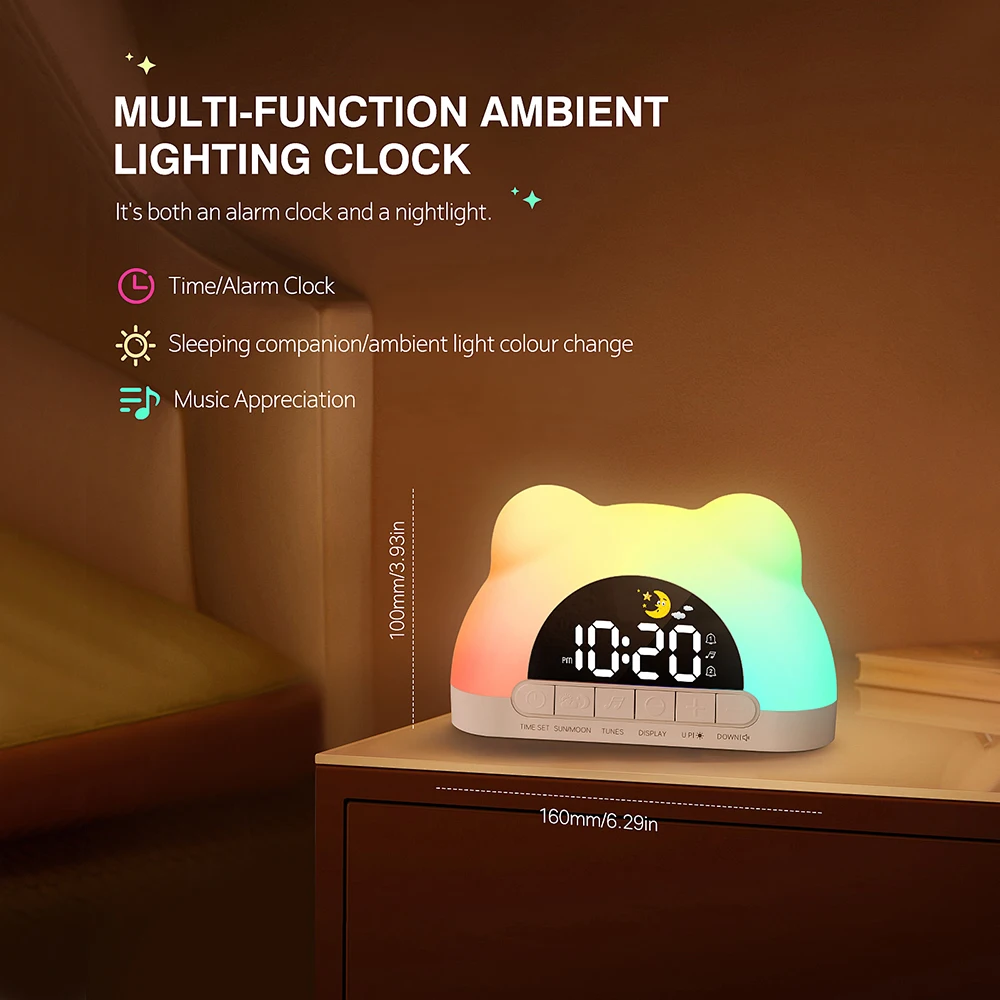 Digital Clock Wake Up Light Sunrise Alarm Clock Colorful Night Light Cute Bear Shaped Ideal for Bedroom Decor Christmas Niditon