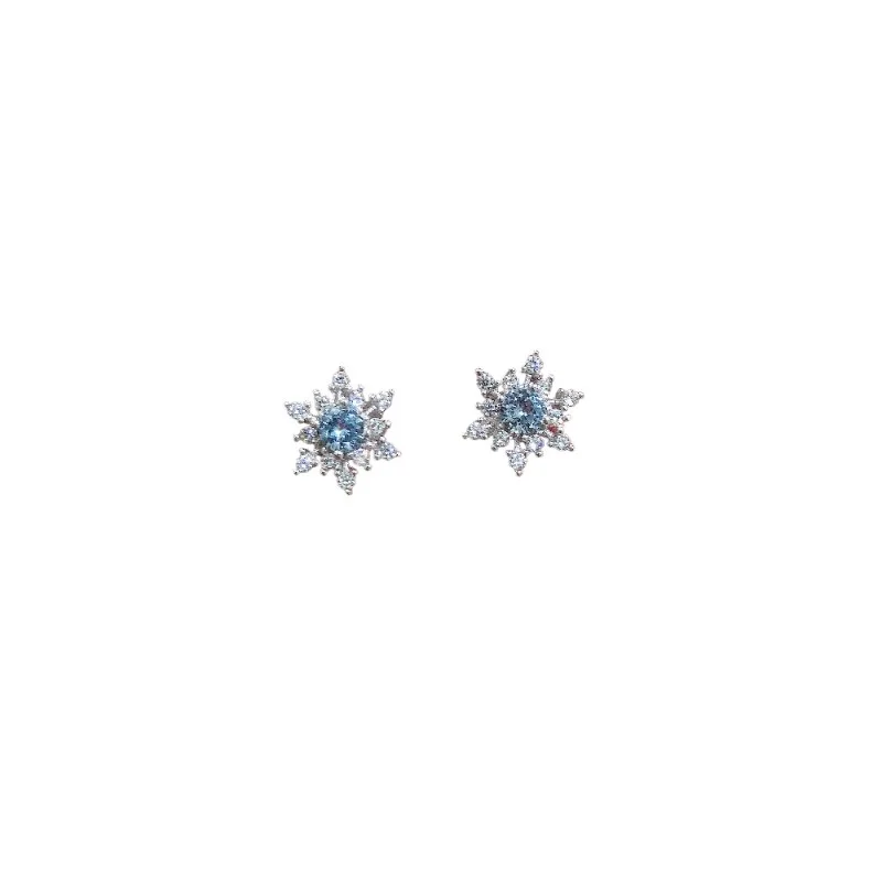 Luxury Exquisite Sterling Silver Inlaid Tiny Zircon Blue Crystal Snowflake Stud Earrings for Woman Winter Jewelry Christmas Gift
