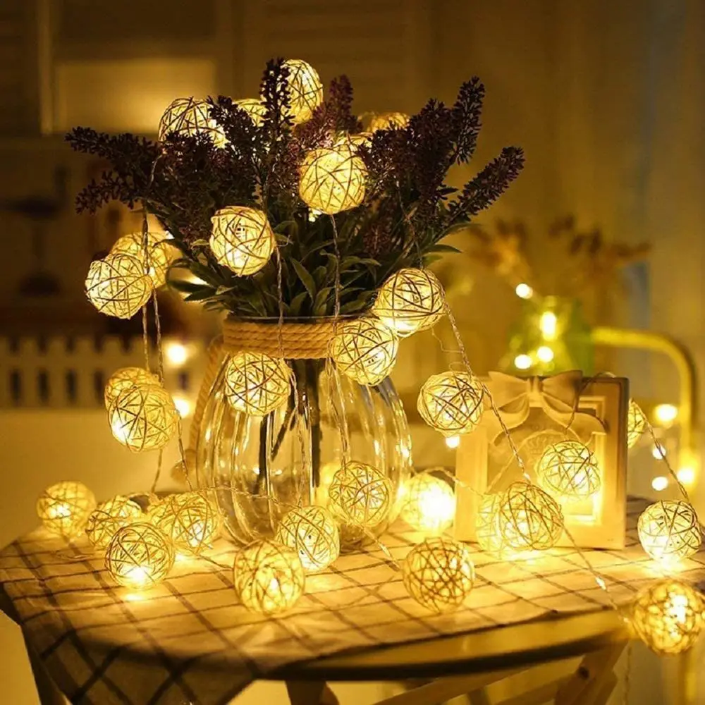 1 string 3m/6m 20/40 LED rattan ball light for Christmas, birthday party, bedroom decoration, battery powered warm string light