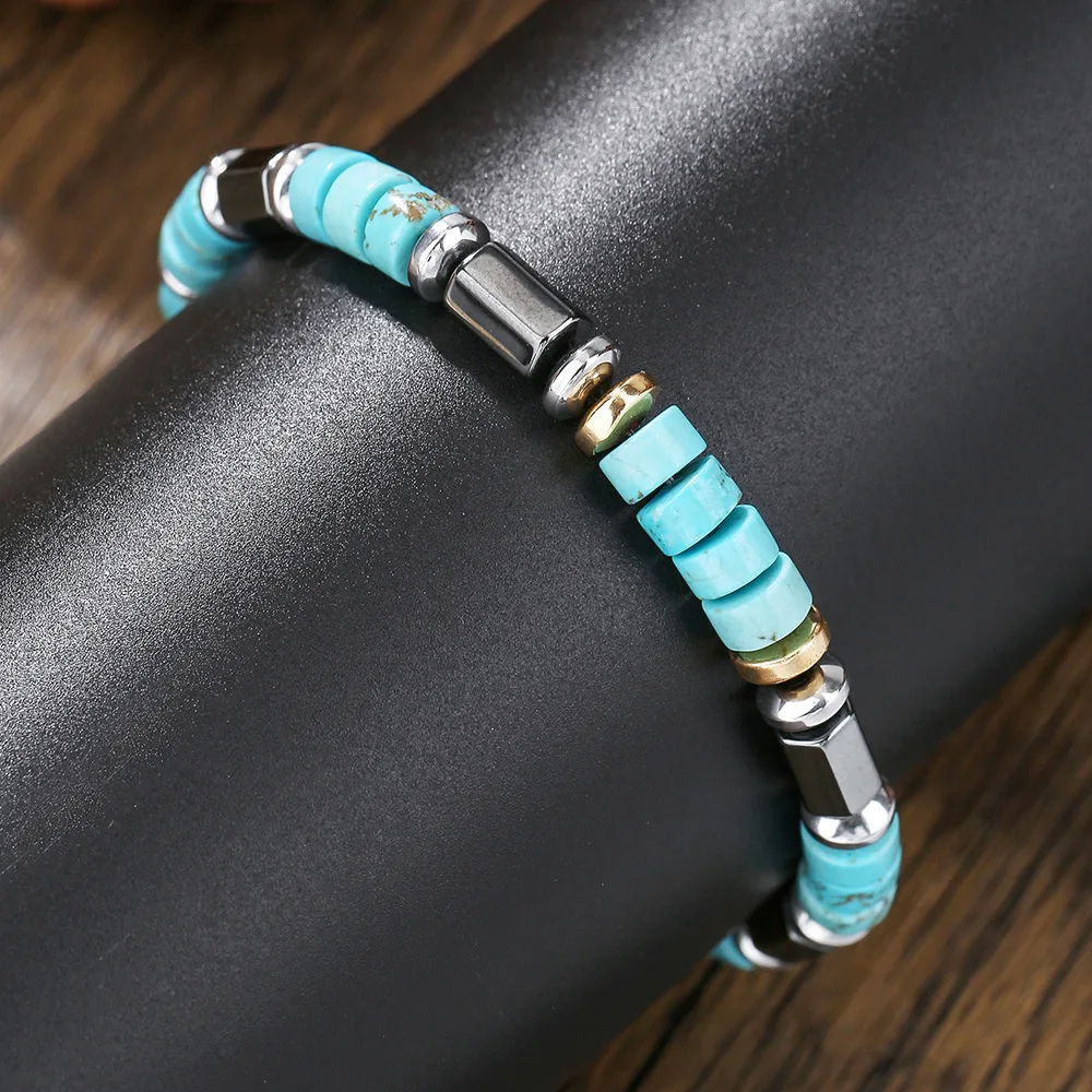 Fashionable Turquoise Black Stone Bead Bracelet Handmade Elastic Rope Bracelet Perfect Gift for Christmas Accessories