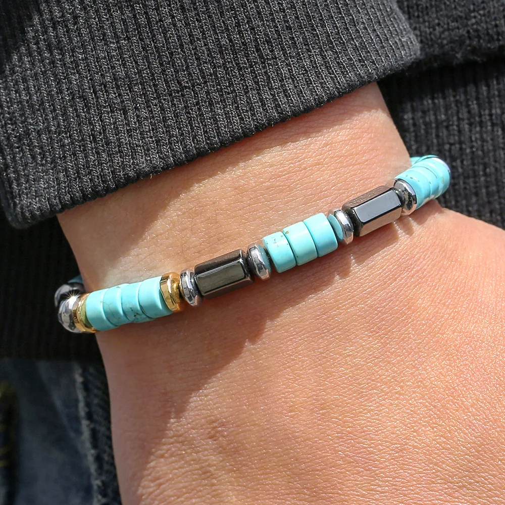 Fashionable Turquoise Black Stone Bead Bracelet Handmade Elastic Rope Bracelet Perfect Gift for Christmas Accessories