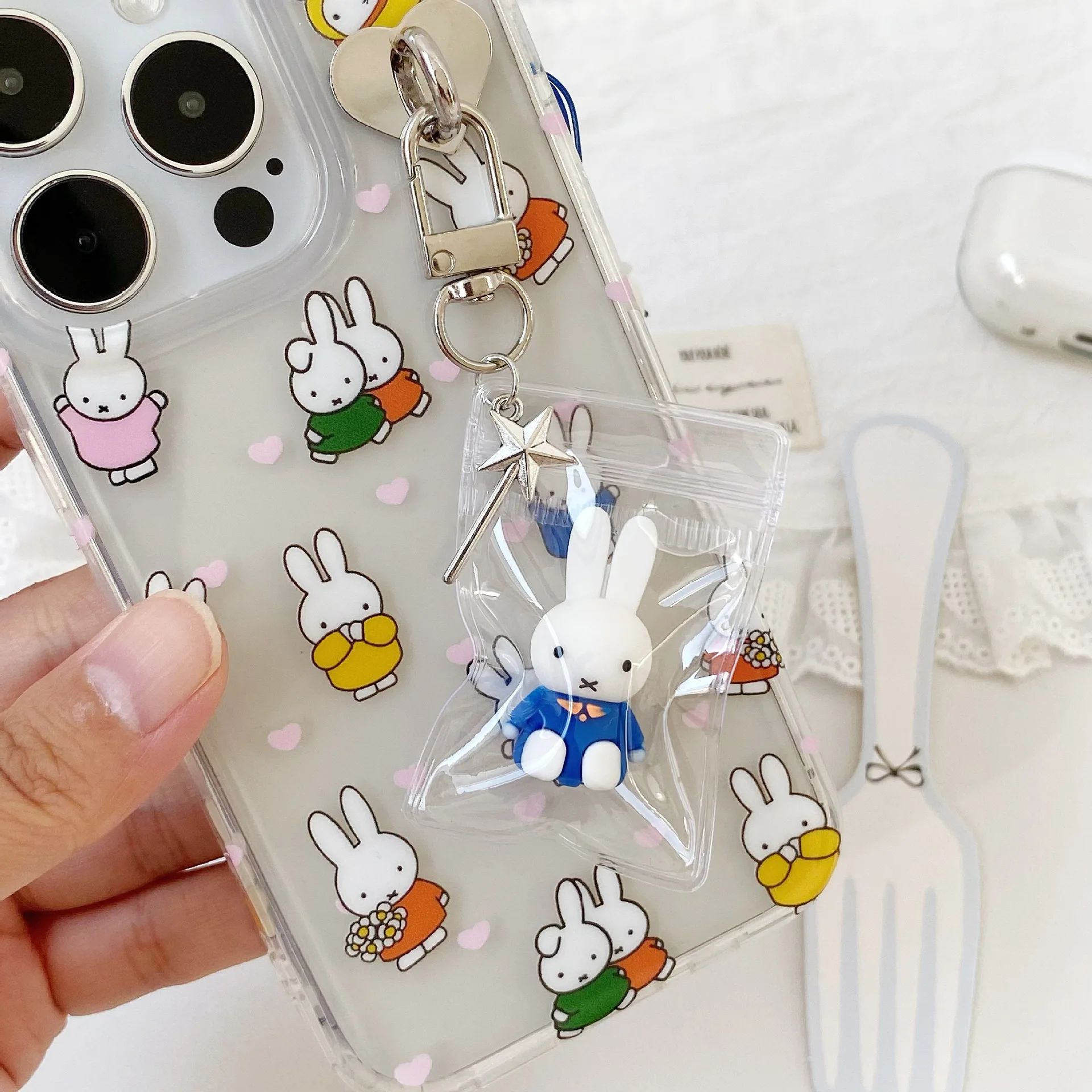 Kawaii Miffy Cute Phone Chain Cartoon Ins Style Keychain Couple Backpack Decoration Pendant Birthday Christmas Gift Toy for Girl