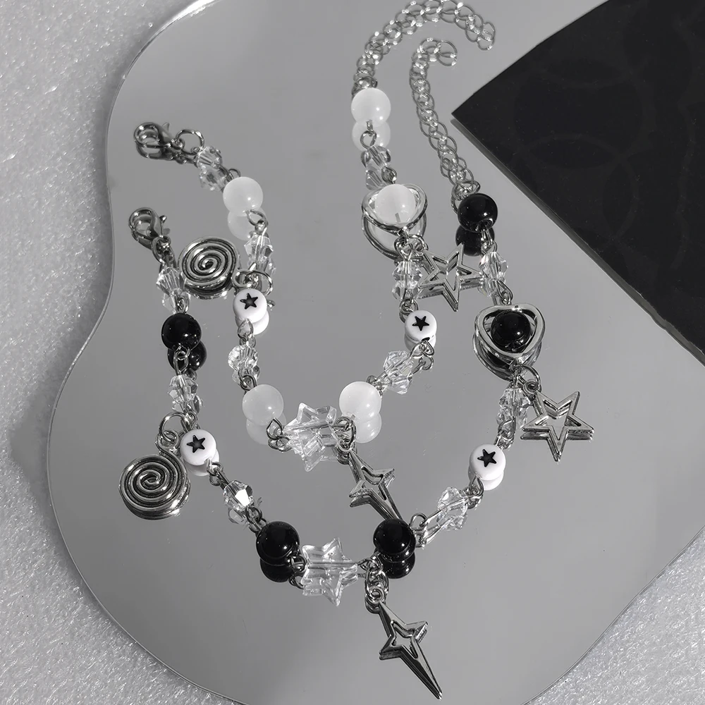 Y2K Sweet and Romantic Black and White Pearl Sparkling Star Vortex Star Bracelet Set, Valentine's Day Christmas Gift