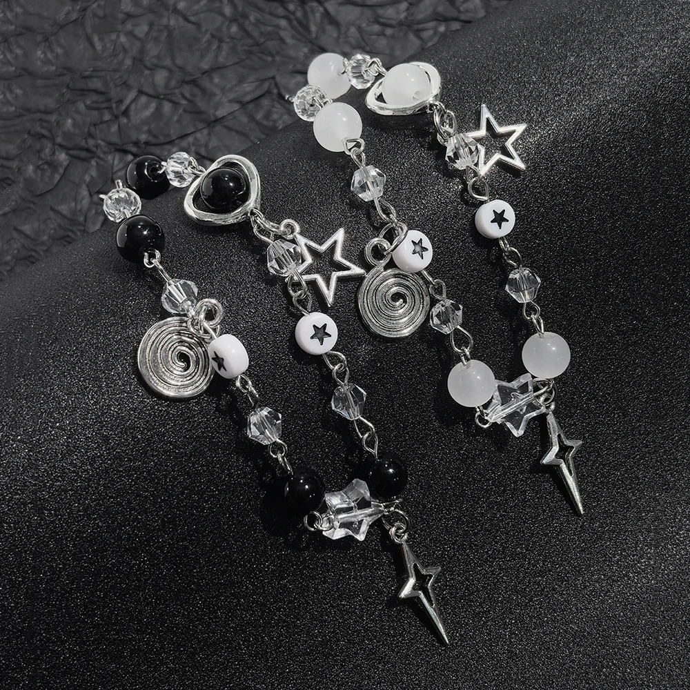 Y2K Sweet and Romantic Black and White Pearl Sparkling Star Vortex Star Bracelet Set, Valentine's Day Christmas Gift