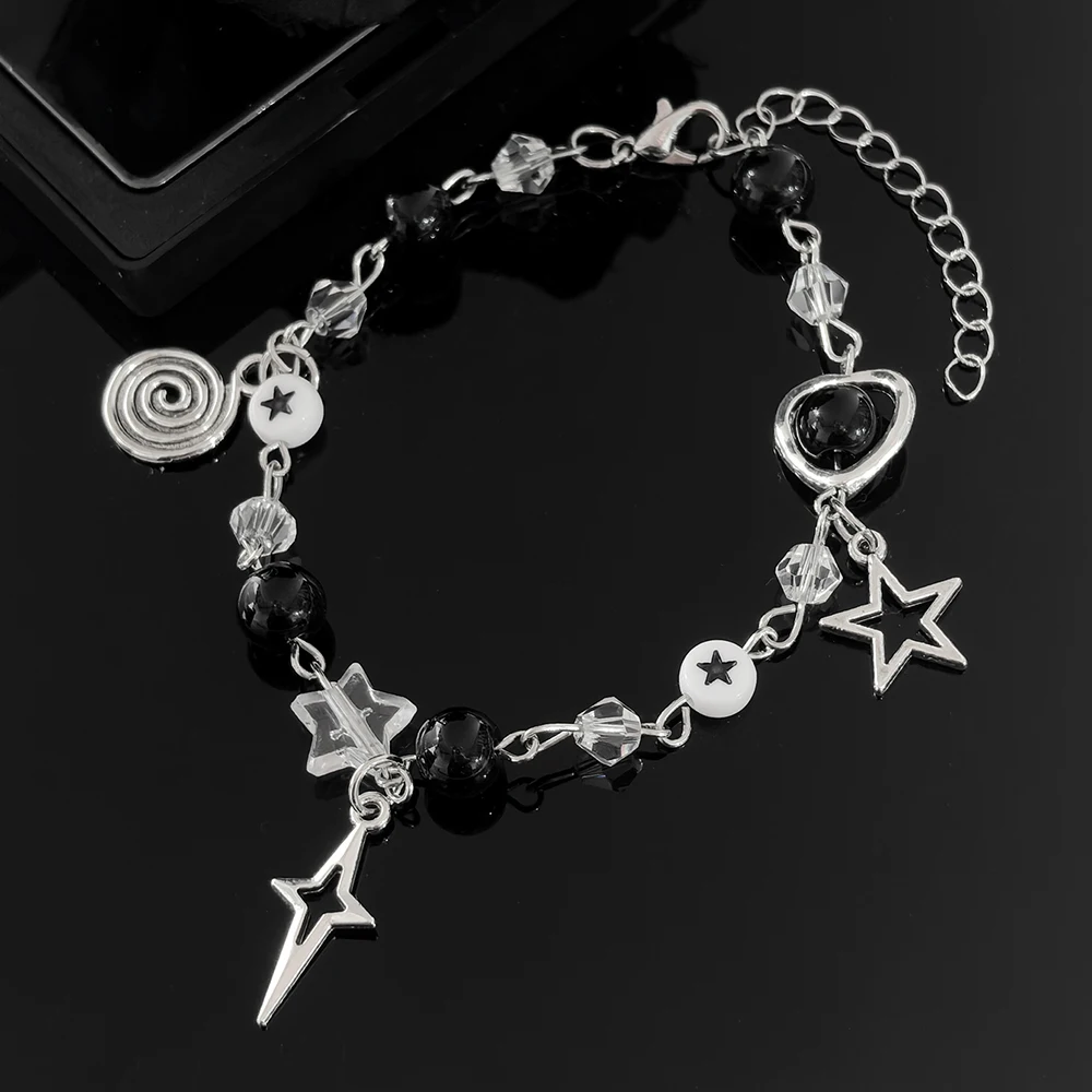 Y2K Sweet and Romantic Black and White Pearl Sparkling Star Vortex Star Bracelet Set, Valentine's Day Christmas Gift