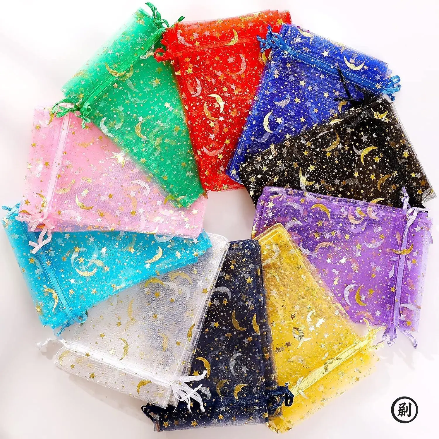 50PCS Gold Star Moon Organza Bags Drawstring Pouches for Christmas Wedding Jewelry Gifts Favors