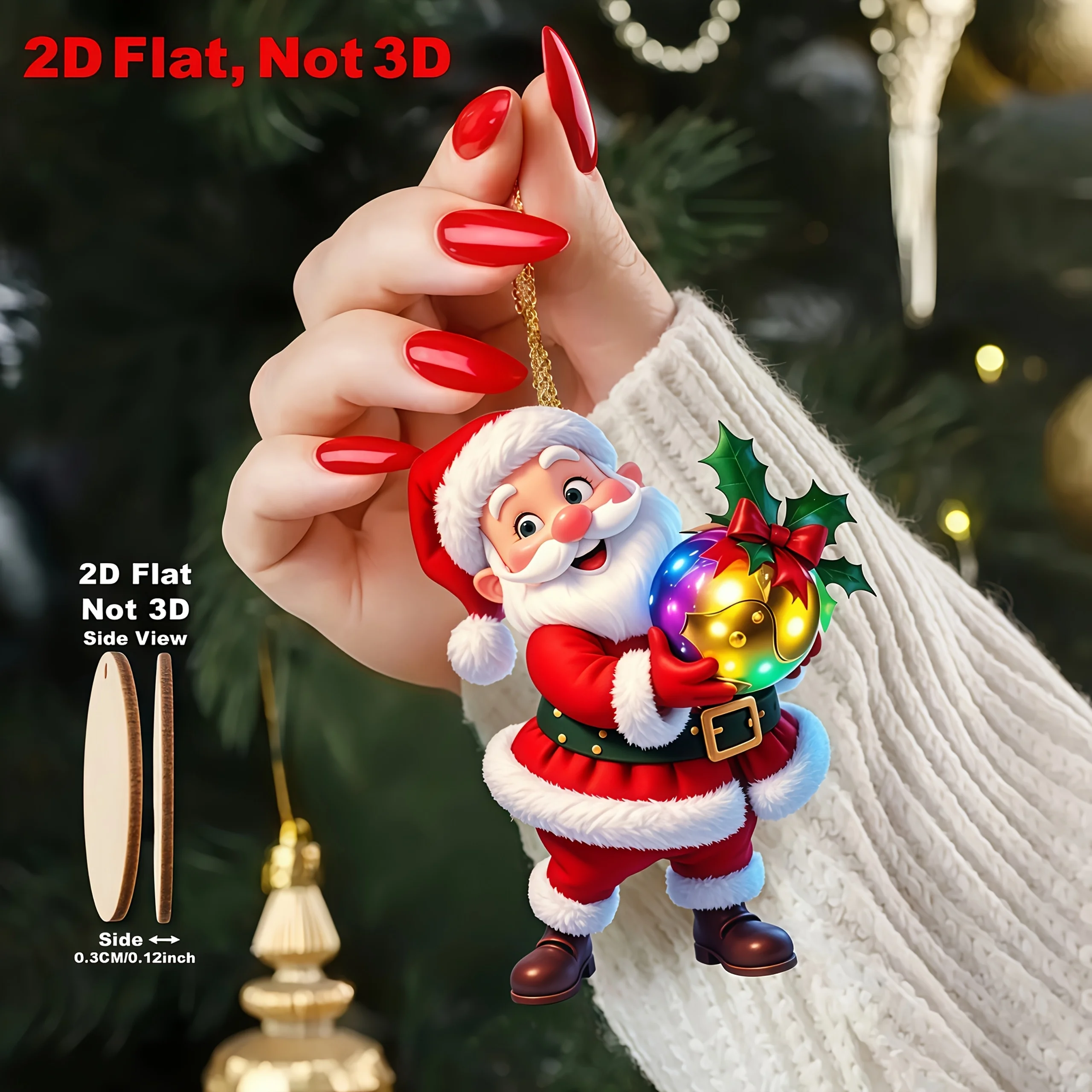 8pcs Vintage Wooden Santa Claus Ornaments 2D Flat Festive Christmas Tree Decorations with Glowing Lights for Holiday Parties