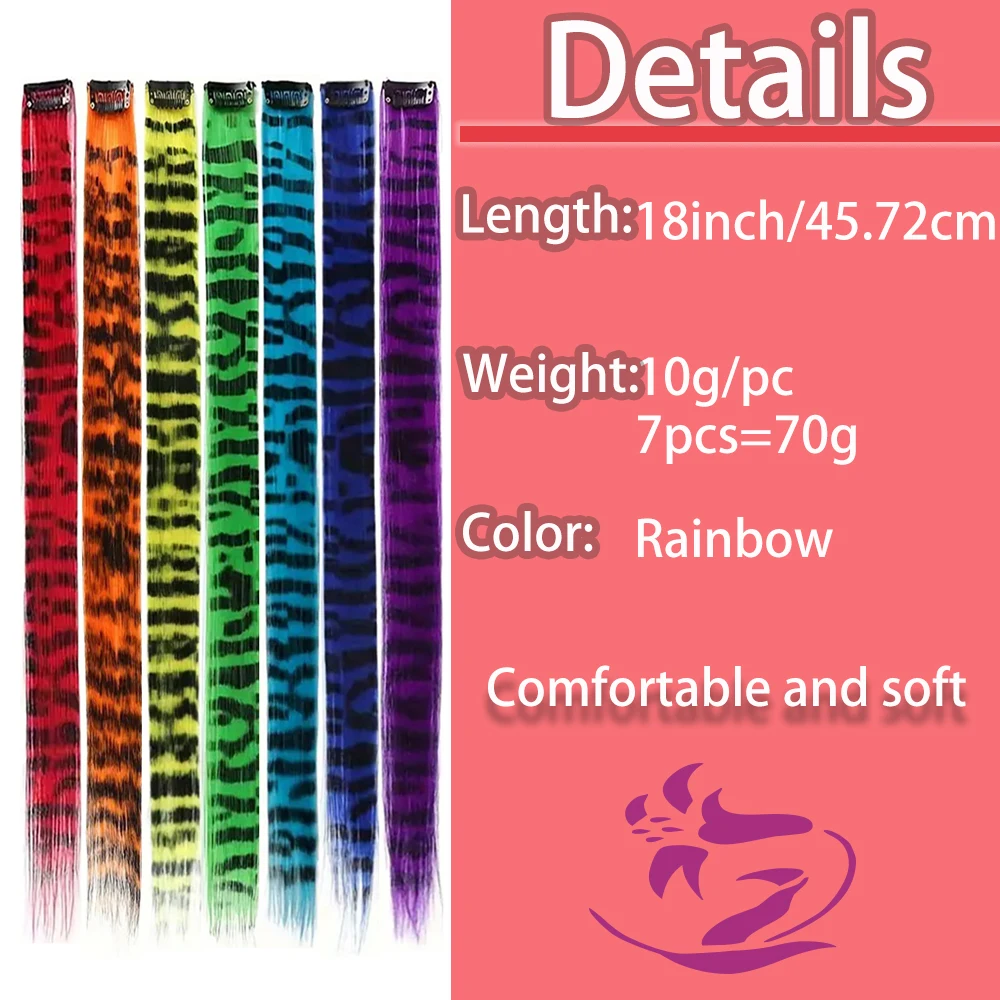 18' 7 Pcs Rainbow Long Straight Zebra Print Synthetic Feather Clip in Hair Extensions for Women, Ideal Halloween Christmas