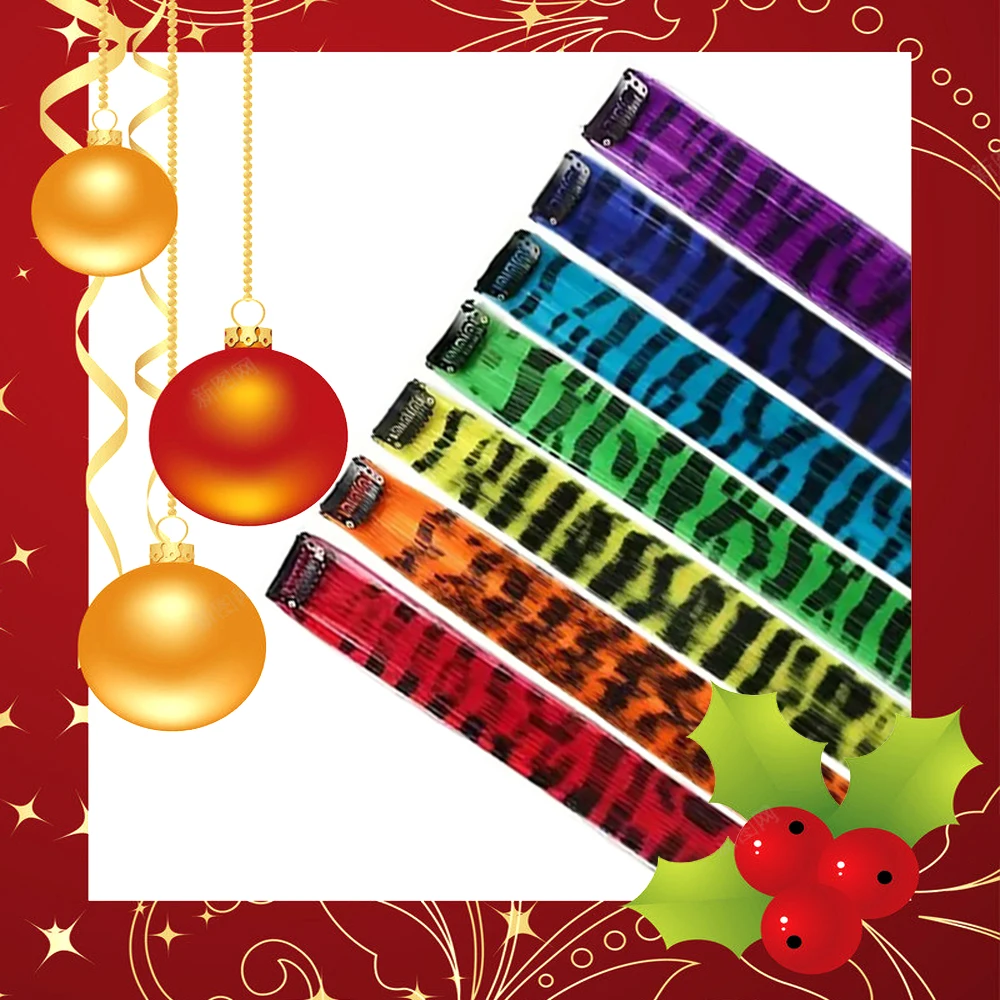 18' 7 Pcs Rainbow Long Straight Zebra Print Synthetic Feather Clip in Hair Extensions for Women, Ideal Halloween Christmas