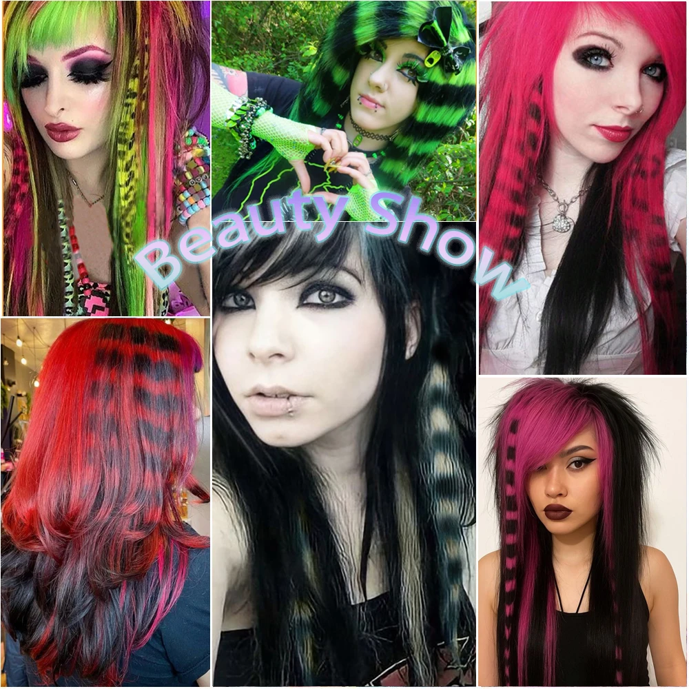 18' 7 Pcs Rainbow Long Straight Zebra Print Synthetic Feather Clip in Hair Extensions for Women, Ideal Halloween Christmas