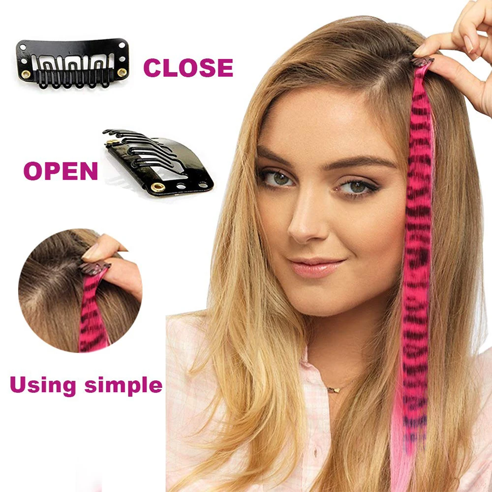 18' 7 Pcs Rainbow Long Straight Zebra Print Synthetic Feather Clip in Hair Extensions for Women, Ideal Halloween Christmas