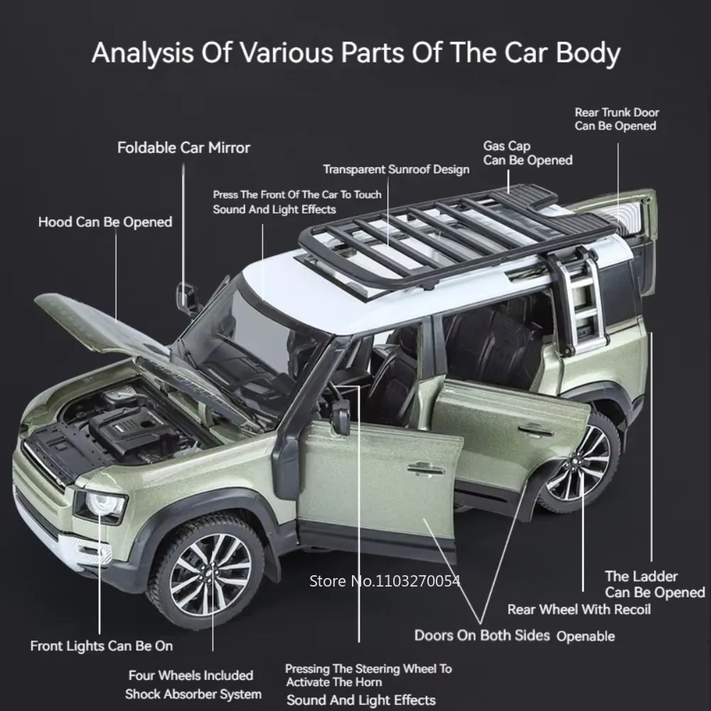1:24 Land Rover Range Rover Defender Alloy Model Cullinan Diecast Car Toys Doors Opened Sound Light Vehices Kids Christmas Gifts