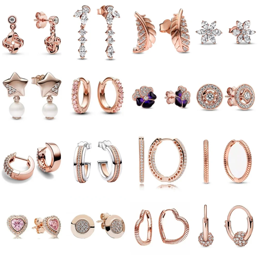 Rose Gold Color 925 Silver Sterling Flower Stud Earrings, Fit Women's Festival Christmas Charm Jewelry Gifts