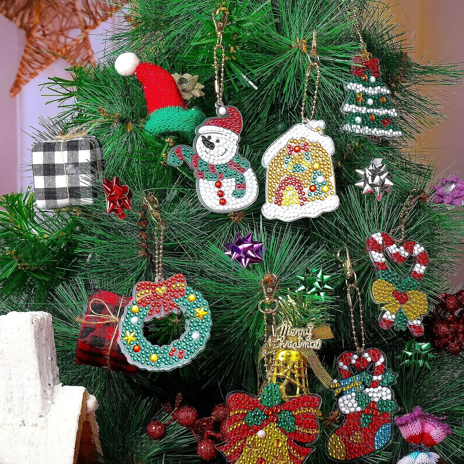 12pcs/set DIY Diamond Painting Christmas Keychains One Sided Crystal Rhinestones Snowman Diamond Art Christmas Tree Ornaments