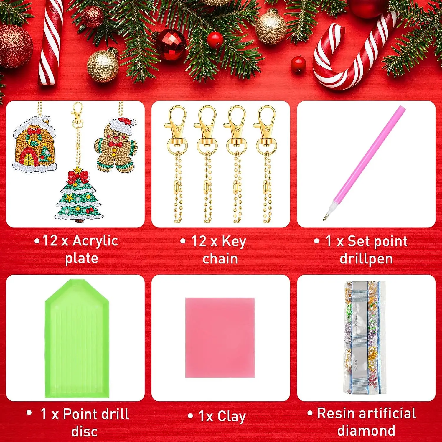 12pcs/set DIY Diamond Painting Christmas Keychains One Sided Crystal Rhinestones Snowman Diamond Art Christmas Tree Ornaments