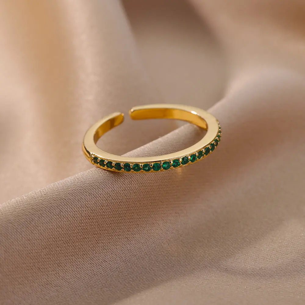 Mini Zircon Green Rings For Women Stainless Steel Gold Color Adjustable Finger Ring Engagement Wedding Christmas Jewelry Gift