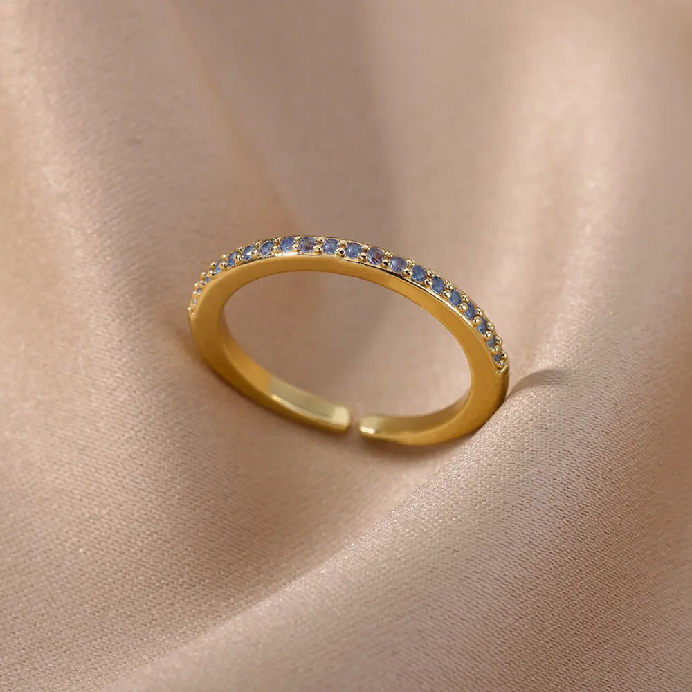 Mini Zircon Green Rings For Women Stainless Steel Gold Color Adjustable Finger Ring Engagement Wedding Christmas Jewelry Gift