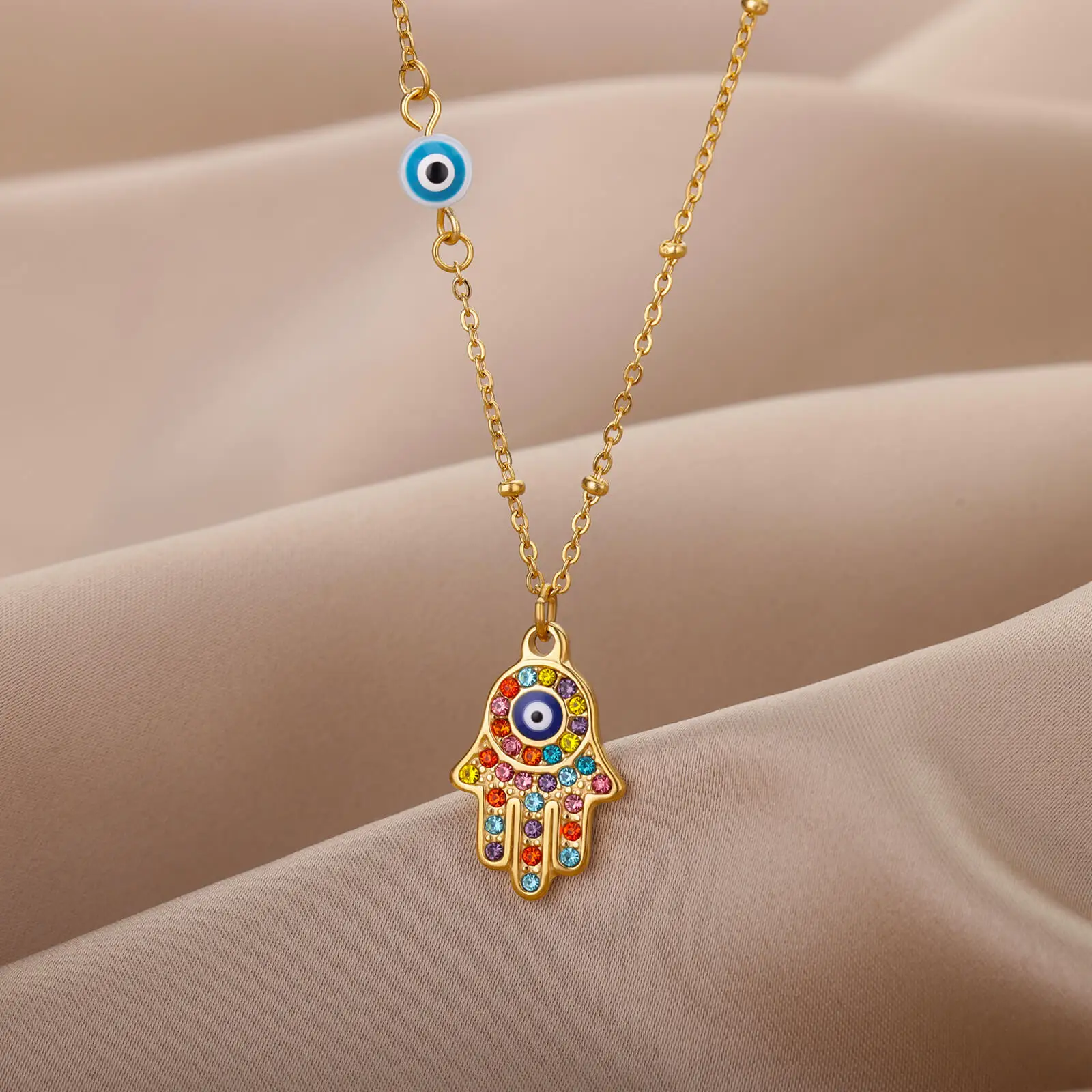 Turkish Hamsa Evil Eye Necklaces For Women Stainless Steel Gold Color Charm Choker Neckalce Christmas Jewelry Accessories Gift
