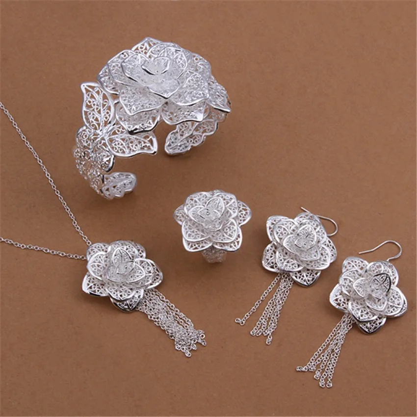 925 sterling silver Jewelry set for women flower Pendant bangle earrings rings bracelet necklaces fashion party Christmas Gifts
