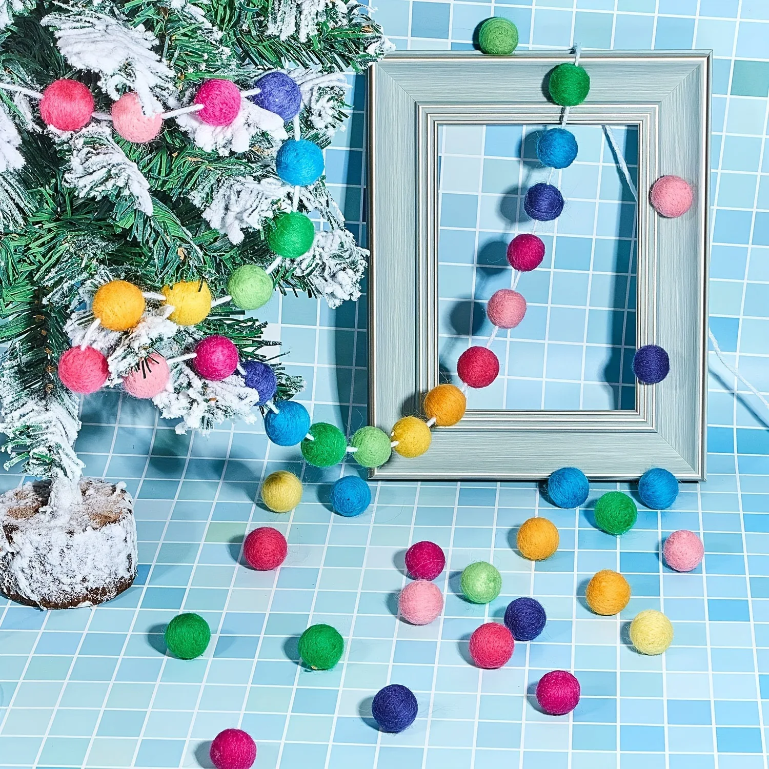 Wool Felt Ball Garland Colorful Pom Pom Garland Handmade 6.5 Feet Long Felt Ball Garlands for Wall Christmas Tree Decoration
