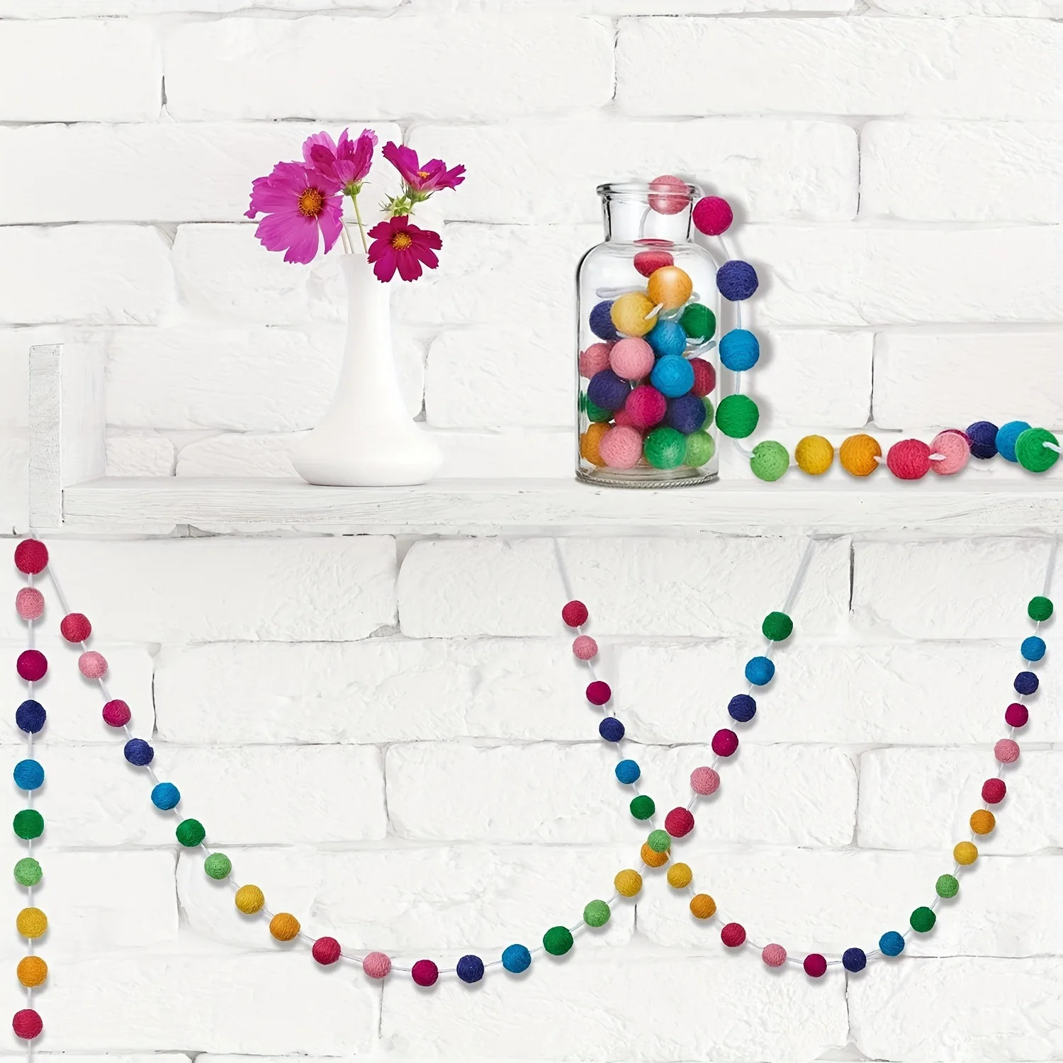 Wool Felt Ball Garland Colorful Pom Pom Garland Handmade 6.5 Feet Long Felt Ball Garlands for Wall Christmas Tree Decoration